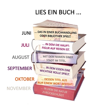 Ein Bücherstapel mit Monatsbezeichnungen und Lesethemen für die Lese-Challenge. © ri